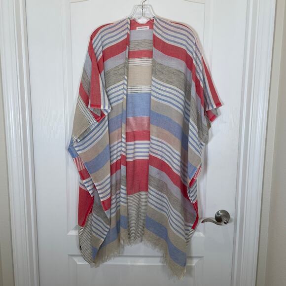 Anthropologie Kimono Swim Cover up Striped Red Blue Gray Cotton Fringe Trim - Picture 1 of 5